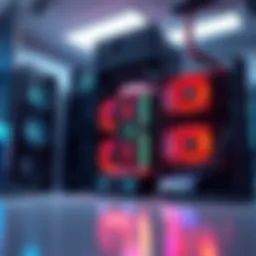 A modern crypto mining rig with multiple GPUs and cooling fans in a well-lit room
