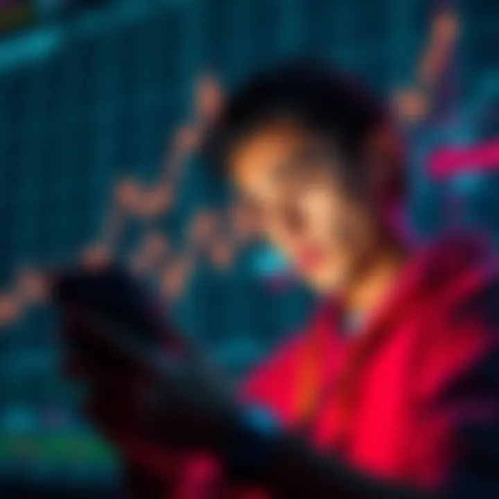 Crypto Mistakes A person looking worried while checking their smartphone with cryptocurrency charts on the screen and a rising graph in the background, symbolizing common crypto mistakes.