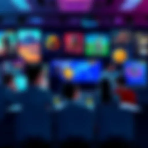 A group of people discussing funding options for crypto and NFT projects, with digital art and games displayed on screens around them.
