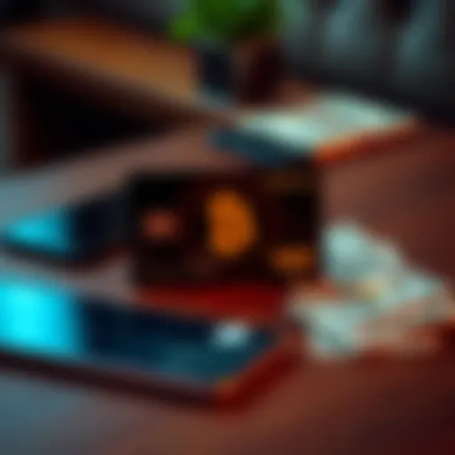 A crypto payment card placed on a wooden table next to a smartphone and some cash, symbolizing modern payment methods.