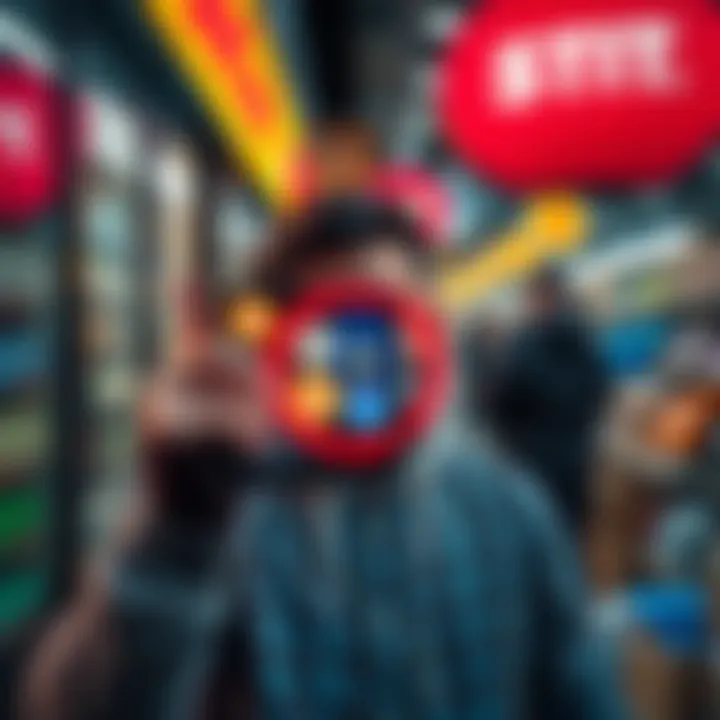 A person holding a smartphone displaying cryptocurrency symbols, looking puzzled in front of a store that does not accept crypto payments.