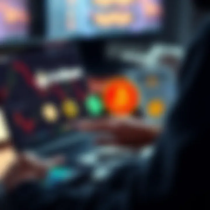 A person comparing cryptocurrency platforms on a laptop with icons representing different platforms like Kraken and Coinbase