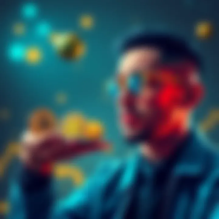 A person weighing options between condensing crypto assets or holding on to them, with crypto coins in hand and a thoughtful expression.