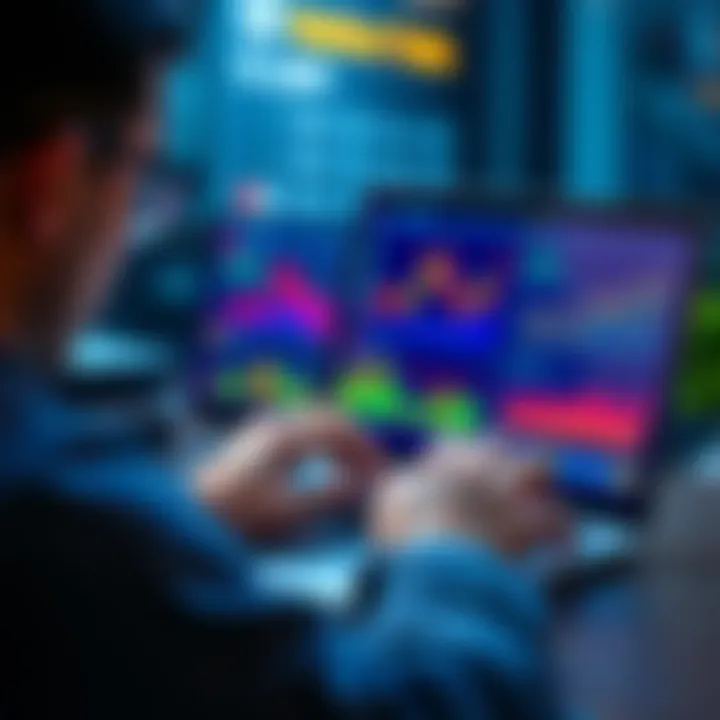 A person analyzing their cryptocurrency portfolio on a laptop with digital charts and graphs displayed, representing market trends and asset changes.