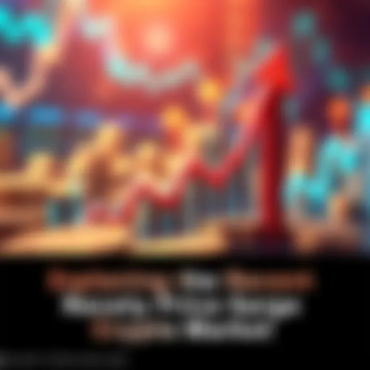 Crypto Price Surge Graph showing a sharp increase in cryptocurrency prices with upward arrows and coins in the background