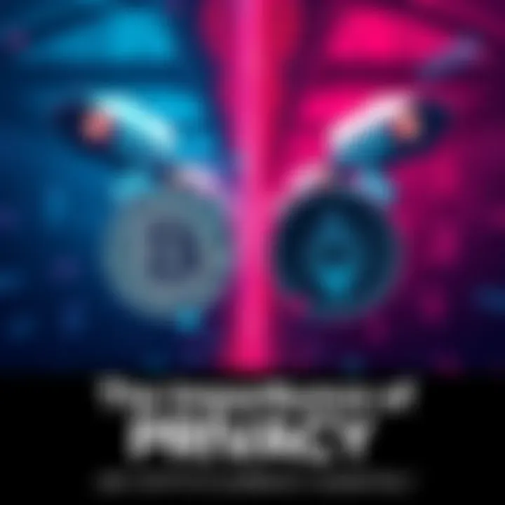 A digital illustration depicting the contrast between traditional finance and cryptocurrency privacy, featuring Bitcoin and Monero symbols amidst a backdrop of surveillance imagery.