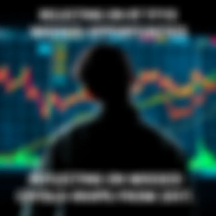 A contemplative figure gazes at fluctuating crypto charts, symbolizing the emotional journey of trading and missed chances.