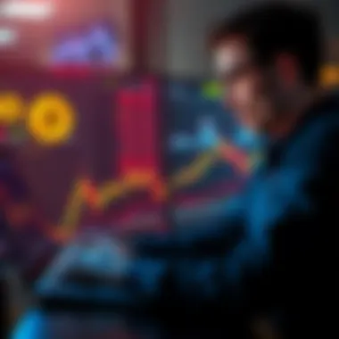 Individual anxiously examining stock market charts and Bitcoin prices on a laptop, reflecting on their recent sale decision.