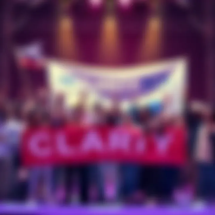 A group of diverse individuals celebrating the passing of the CLARITY Act, holding banners promoting crypto regulations and compliance.