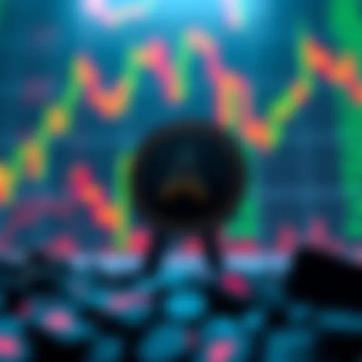 Cryptocurrency Resilience A digital representation of Algorand standing firm against a backdrop of falling stock charts.