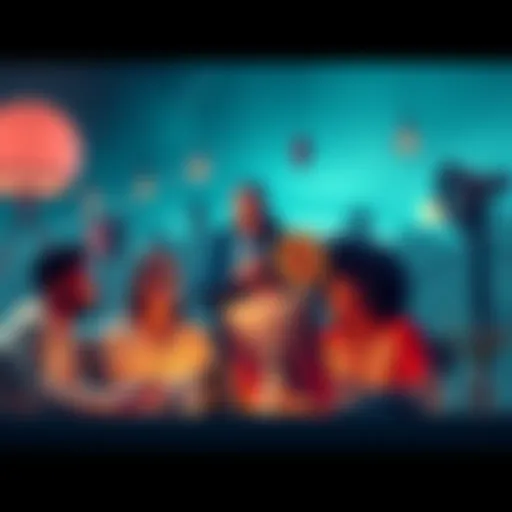 A group of diverse people discussing unconventional role models related to cryptocurrency, featuring elements of pop culture and unique thinkers.