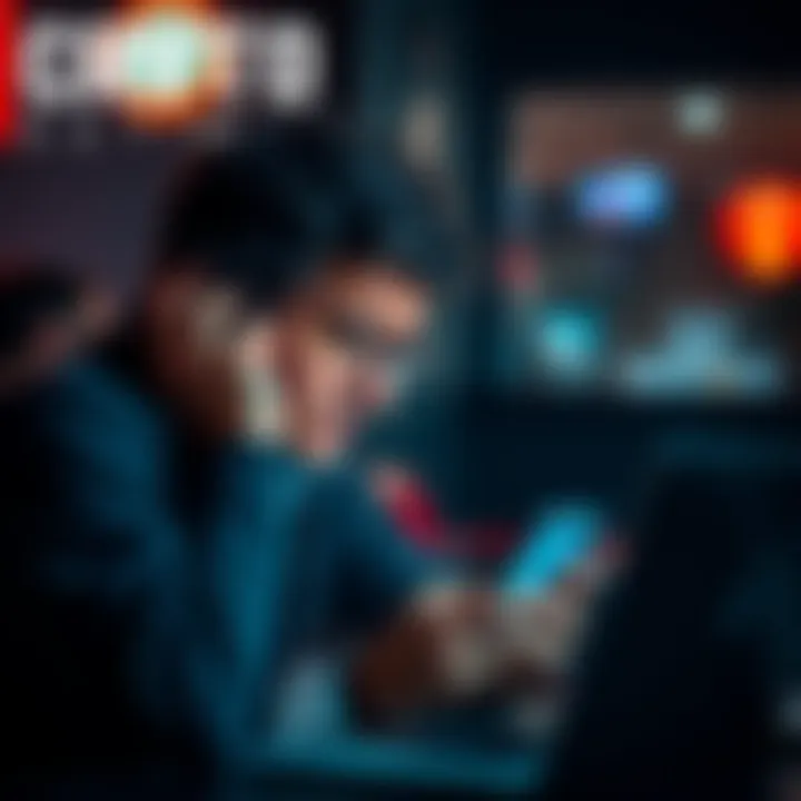 Crypto Scam Victim A person looking distressed while checking their phone and laptop, showing signs of frustration after falling for a dating app scam involving crypto investments.