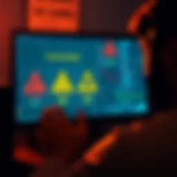 A person looking at a computer screen with warning signs about crypto scams like fake job ads and impersonation.