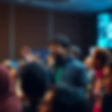 Balaji Srinivasan speaks at a conference advocating for cryptocurrency to help refugees, surrounded by a diverse audience.