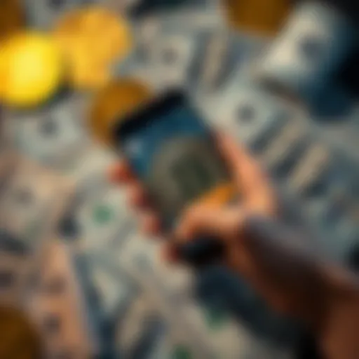 A person holding a smartphone showing a cryptocurrency wallet app next to scattered dollar bills