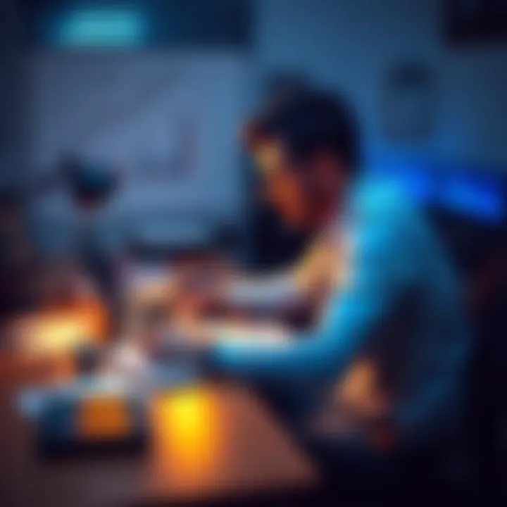 A person sitting at a desk with a laptop, analyzing cryptocurrency charts and setting personal spending rules with notes and a calculator around them.
