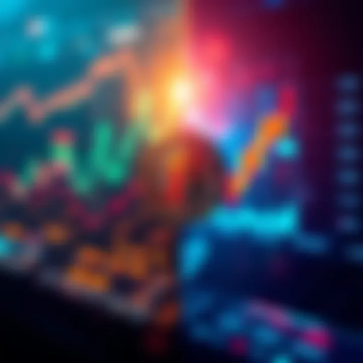 A split image showing symbols of cryptocurrencies like Bitcoin and Ethereum on one side and stock market charts on the other side, illustrating the difference between them.