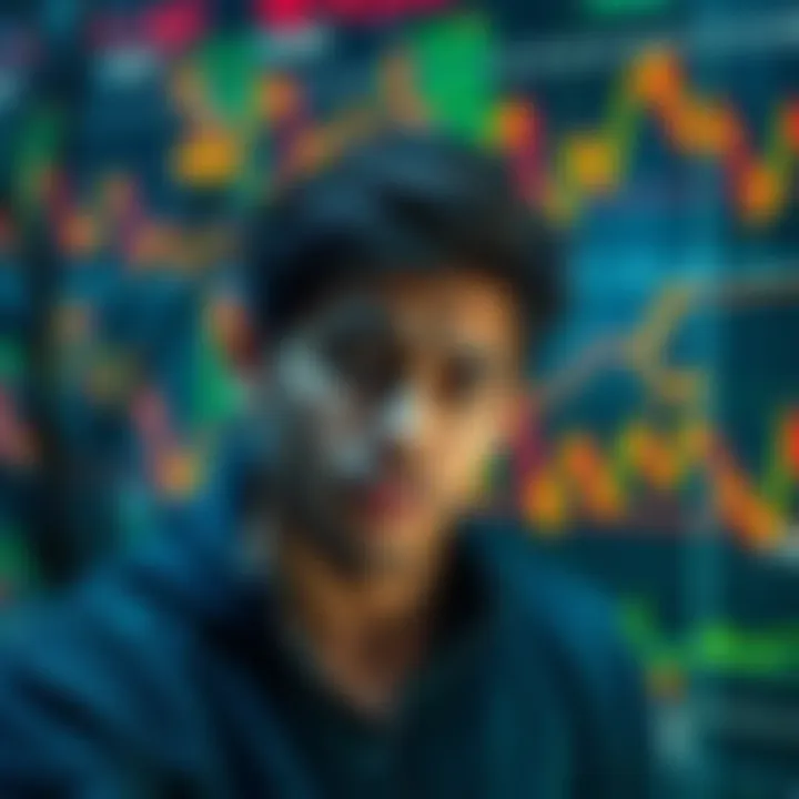 A frustrated newcomer gazes at fluctuating cryptocurrency graphs, symbolizing the volatility and challenges faced in trading. The image portrays the dual emotions of hope and despair within the vast crypto landscape.