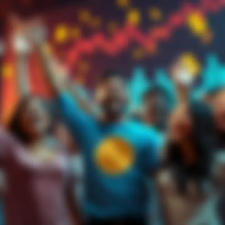 People Celebrating Crypto Success A group of diverse people joyfully celebrating their success in cryptocurrency investment, with charts and dollar signs in the background.