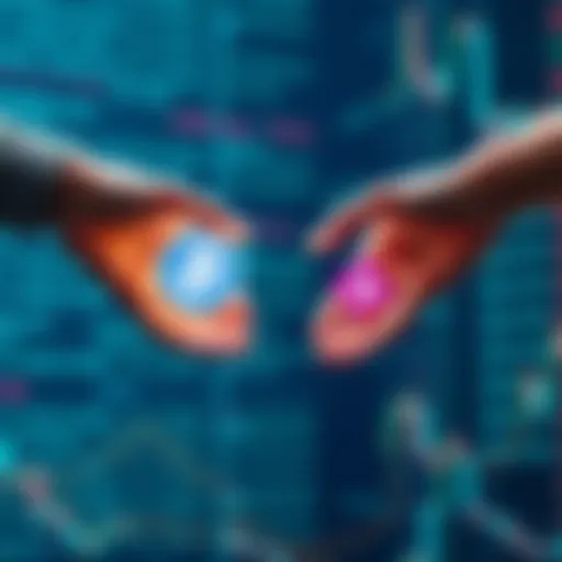 A visual of two hands exchanging cryptocurrency symbols over a digital background, illustrating safe trading methods without KYC requirements