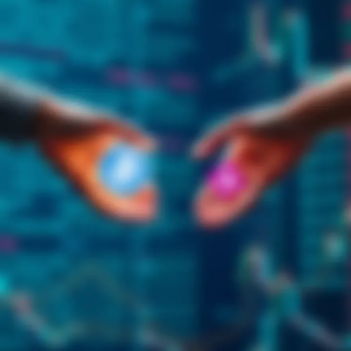 A visual of two hands exchanging cryptocurrency symbols over a digital background, illustrating safe trading methods without KYC requirements