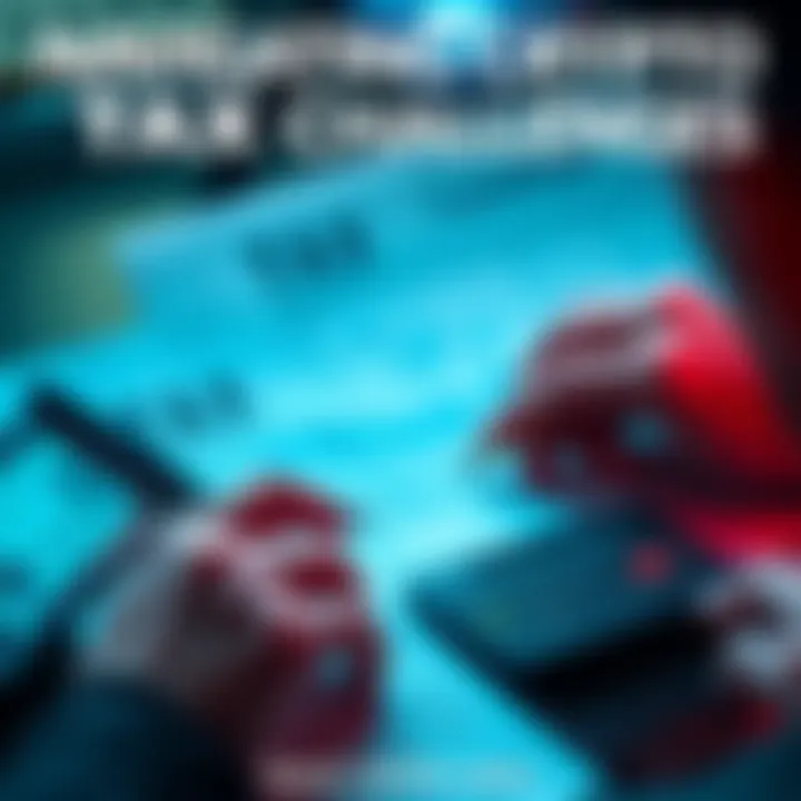 Navigating Crypto Tax Challenges A visual representation of complex crypto transactions and tax dilemmas, featuring digital wallets and tax forms entangled in a foggy atmosphere.