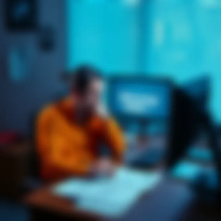 A frustrated individual sitting at a desk with IRS tax forms, looking at a computer with a Bitstamp logo and a loading screen, symbolizing waiting for crypto funds.