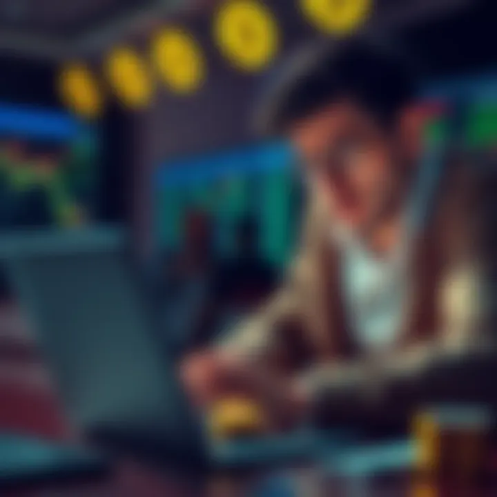 A worried crypto trader looking at a laptop with tax documents and cryptocurrency symbols on the screen.