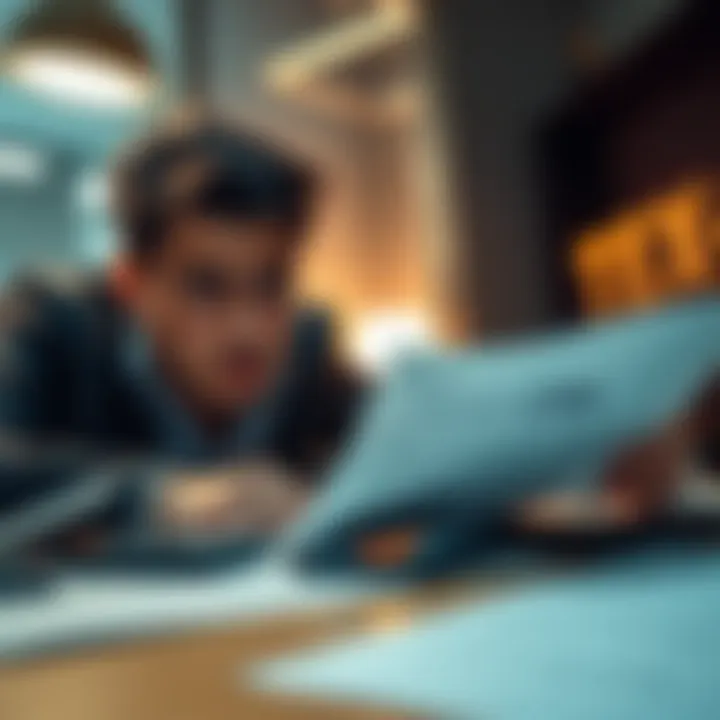 A person looks concerned while reviewing cryptocurrency tax documents, with a calculator and tax forms on the table.