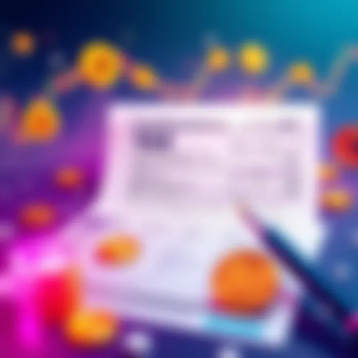 A modern illustration of a tax form alongside cryptocurrency symbols and financial charts.