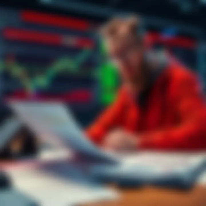 A German trader reviewing crypto transaction records and preparing tax documents, with charts and graphs in the background.