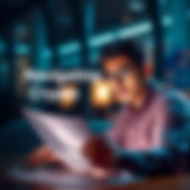 Individual analyzing paperwork related to crypto transactions and taxes, looking concerned while using a laptop.