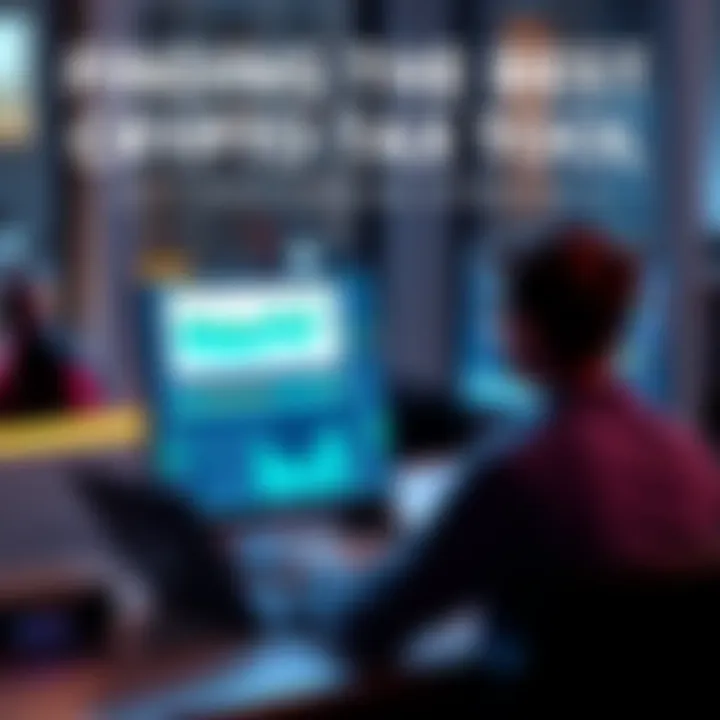 A person sitting at a desk looking at a laptop with graphs and spreadsheets related to crypto taxes on the screen
