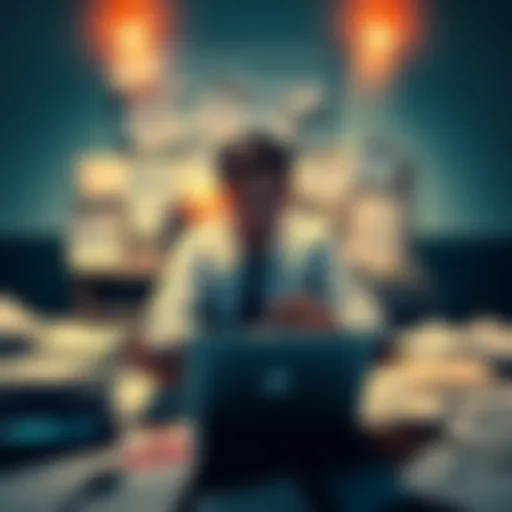 A person sitting at a desk surrounded by paperwork, looking stressed while calculating taxes on a significant crypto airdrop that lost value