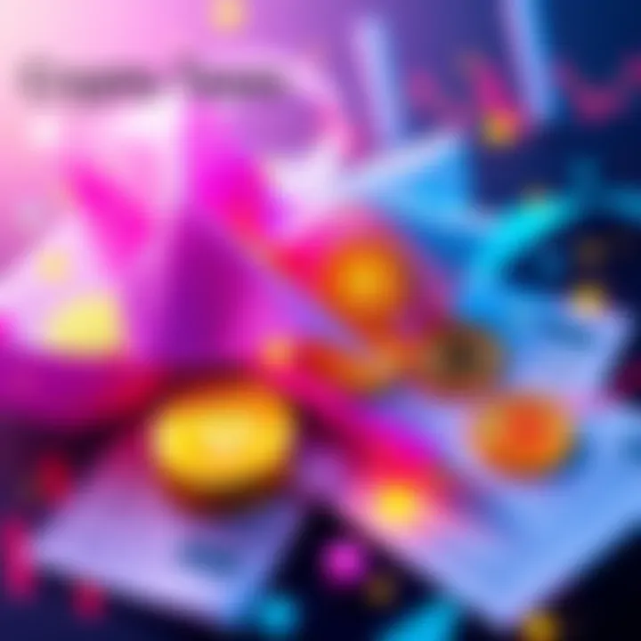 Abstract illustration of cryptocurrencies transforming into tax documents, representing the connection between crypto exchanges and tax payments