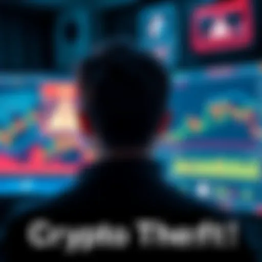 A concerned person looking at a computer screen displaying cryptocurrency charts and warning signs
