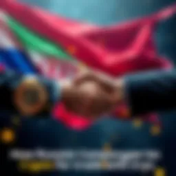 A graphic showing a handshake between two figures with cryptocurrency symbols and flags of Russia and Iran in the background