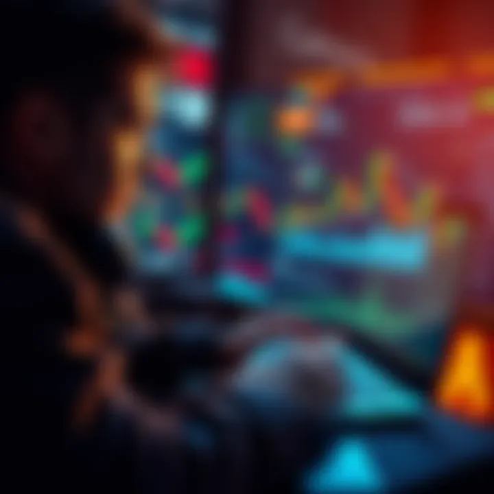 A crypto trader analyzes data on a laptop while AI software displays charts and patterns on the screen