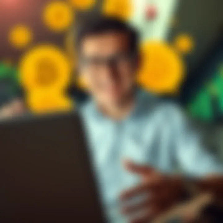 A person with a joyful expression looking at their laptop, celebrating gains from a cryptocurrency investment, with Bitcoin symbols in the background.