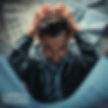 A distressed crypto trader holding his head, surrounded by loan papers and an insurance policy document, symbolizing financial loss and personal tragedy.