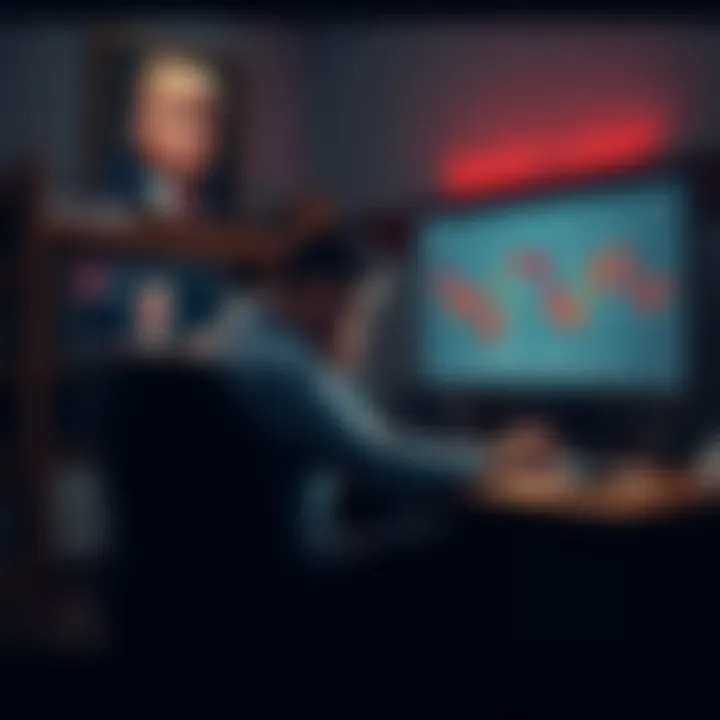 A distressed crypto trader sitting at a desk, looking at a chart showing a rapid decline in cryptocurrency value, with a picture of Trump on the wall in the background.