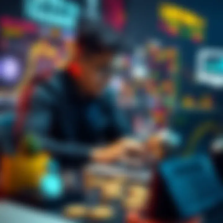 A crypto trader studying market charts on a laptop with various cryptocurrency icons around them.