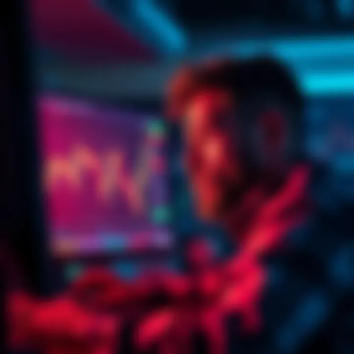 Crypto trader watching market fluctuations A worried crypto trader looking at charts on a computer screen as prices rise after a coin sale