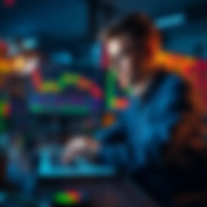 A trader analyzing past crypto trades on a laptop with charts and graphs displayed, reflecting on their strategies and results.