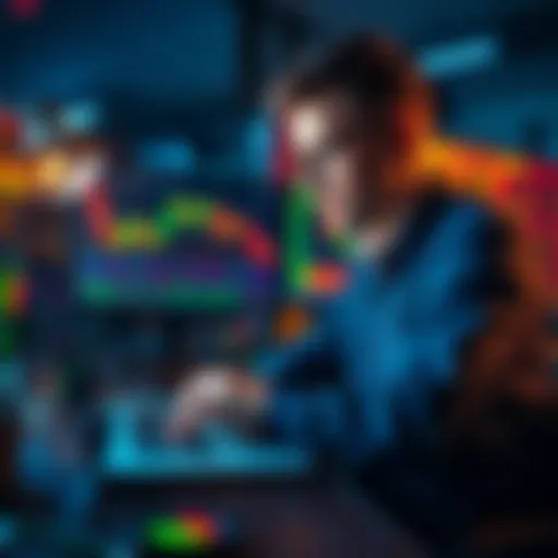 Crypto Trader Reviewing Trades A trader analyzing past crypto trades on a laptop with charts and graphs displayed, reflecting on their strategies and results.