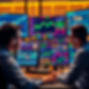 Group of crypto traders discussing strategies in front of computer screens displaying charts and data