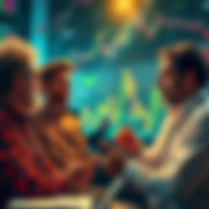 A group of experienced crypto traders discussing strategies during a market crash, focusing on maintaining calm and long-term commitment.