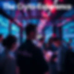 A group of individuals engaged in cryptocurrency trading surrounded by digital screens showing market trends