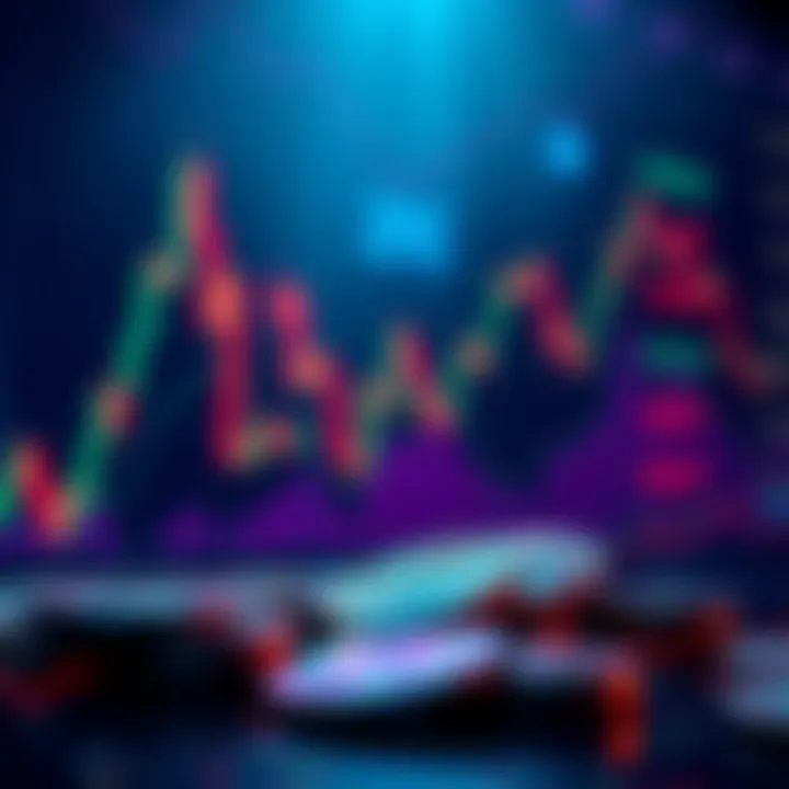 A graph showing fluctuating cryptocurrency prices with coins in the foreground, illustrating the volatility of the crypto market.
