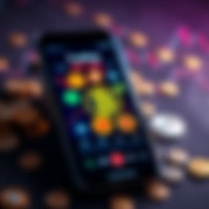 A smartphone displaying various cryptocurrency trading apps with digital coins in the background.